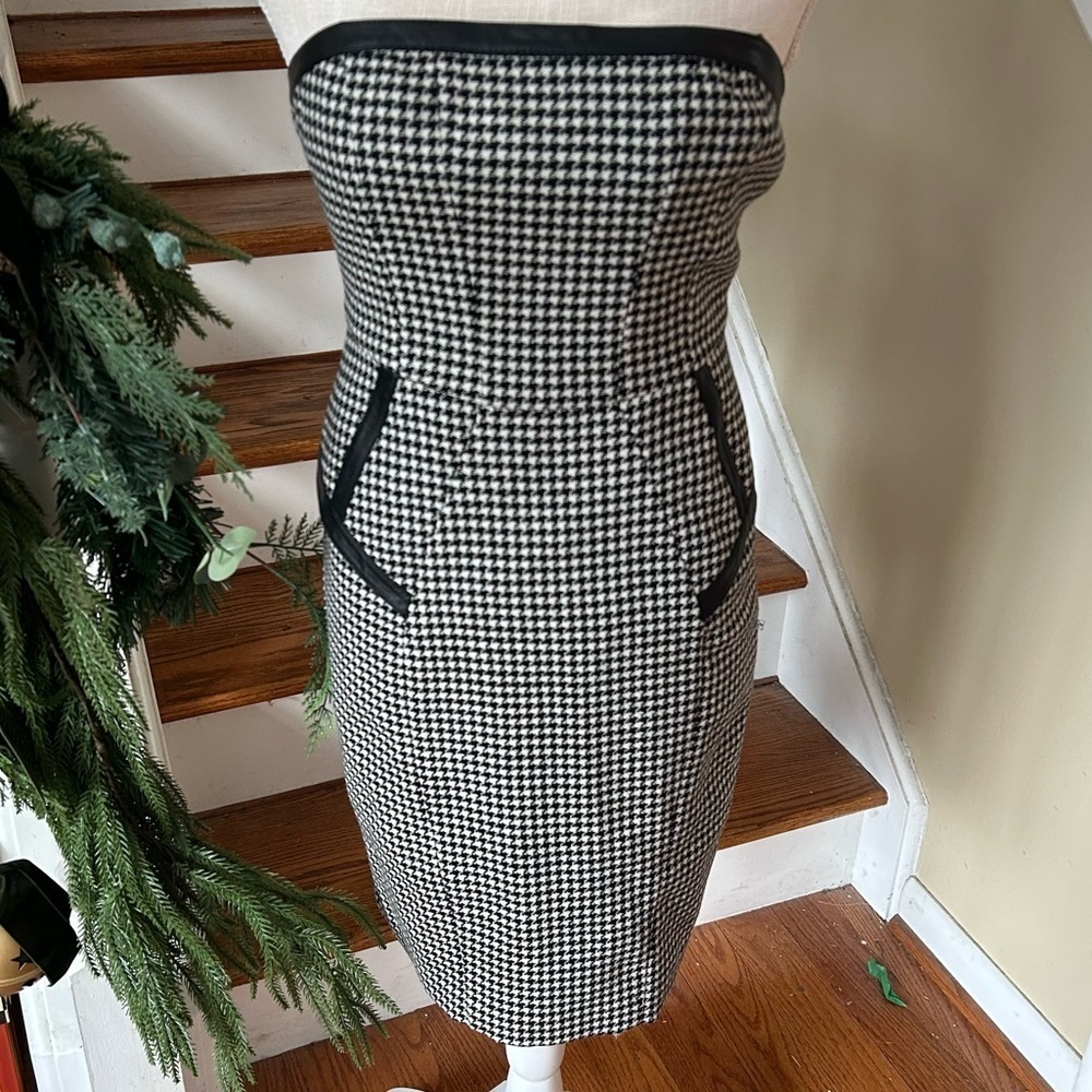 NWT ABS Allan Schwartz Strapless Houndstooth Wool/Leather Dress 2 Mini Y2K Edgy
